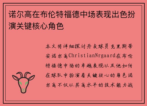 诺尔高在布伦特福德中场表现出色扮演关键核心角色 诺尔高在布伦特福德中场表现出色扮演关键核心角色